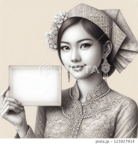 Elegant Asian Woman in Traditional chut thai Holding a Blank Sign Elegant Asian Woman in Traditional chut thai Holding a Blank Sign 123927914