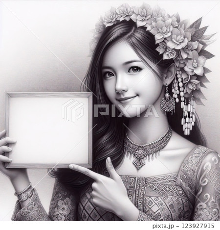 Elegant Asian Woman in Traditional chut thai Holding a Blank Sign 123927915