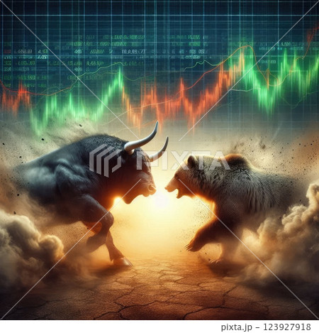 Bull vs Bear Battle , Stock Market Volatility with Financial Chart with Generative AI. Bull vs Bear Battle , Stock Market Volatility with Financial Chart with Generative AI. 123927918