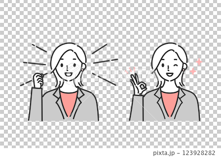 ポジティブな表情でポーズをとるビジネスパーソン女性の上半身セット 123928282