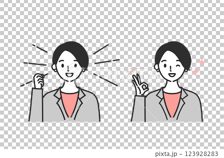 ポジティブな表情でポーズをとるビジネスパーソン女性の上半身セット 123928283