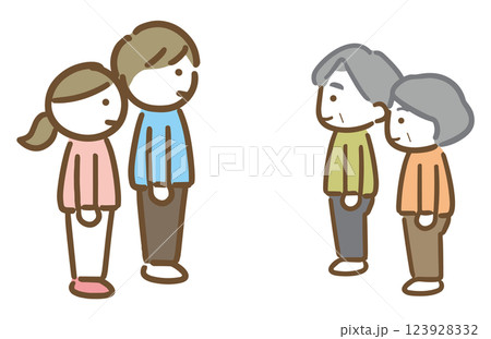 笑顔で向き合っている若い夫婦と老夫婦の4人(全身・横向き) 笑顔で向き合っている若い夫婦と老夫婦の4人(全身・横向き) 123928332