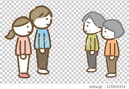 笑顔で向き合っている若い夫婦と老夫婦の4人(全身・横向き) 笑顔で向き合っている若い夫婦と老夫婦の4人(全身・横向き) 123928332