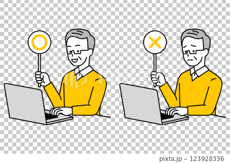 一位老人一邊使用筆記型電腦，一邊舉著有圓圈或十字標記的標語牌 123928336