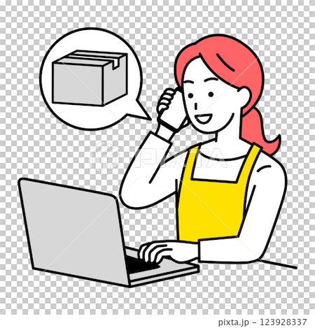 A woman in an apron placing an order over the phone while using a laptop computer A woman in an apron placing an order over the phone while using a laptop computer 123928337