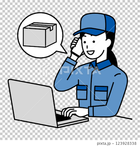 A female delivery person placing an order over the phone while using a laptop 123928338
