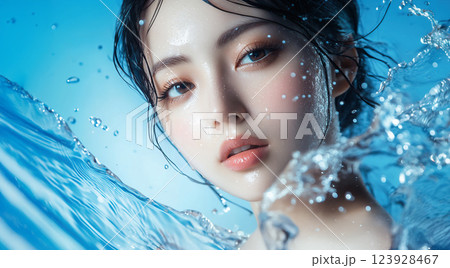 水しぶきと女性の顔のアップ。勢いのあるクールで涼しいイメージ 水しぶきと女性の顔のアップ。勢いのあるクールで涼しいイメージ 123928467