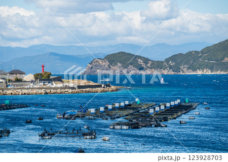 岬の見える青い海に浮かぶいけす 岬の見える青い海に浮かぶいけす 123928703