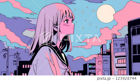 空を見上げるアニメ風の女の子　AI生成画像 123928744