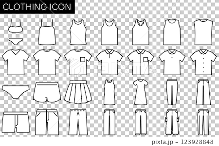 Set of clothing including tank top, shirt, skirt, dress, trousers and pants, simple black and white line drawing icon Set of clothing including tank top, shirt, skirt, dress, trousers and pants, simple black and white line drawing icon 123928848