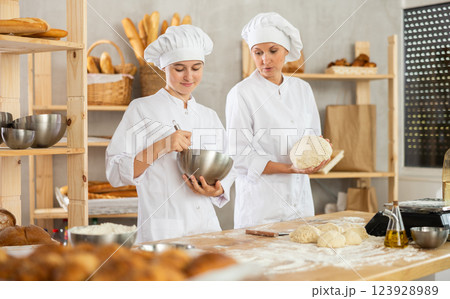 Experienced female cook teaches young girl how to make bread dough - they knead dough together and whisk eggs 123928989