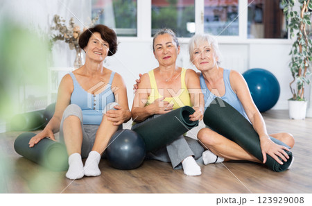 Group of elderly women posing with pilates equipment 123929008