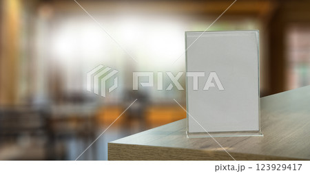 Stand Mock up Menu frame tent card blurred background design key visual layout in cafe Stand Mock up Menu frame tent card blurred background design key visual layout in cafe 123929417