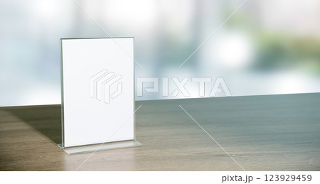 Stand Mock up Menu frame tent card blurred background design key visual layout in cafe Stand Mock up Menu frame tent card blurred background design key visual layout in cafe 123929459