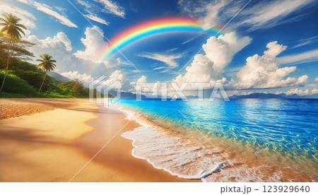 青空に架かる虹と楽園のビーチ 123929640