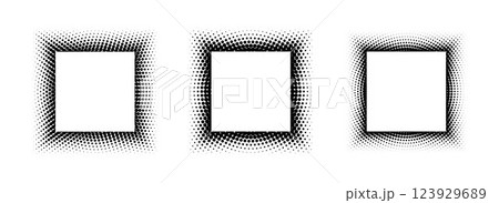 Black halftone square frame set. Dotted gradient border collection. Pop art comic dots picture holder design for banner template, copy space, emblem, poster. Vector rasterized framing element back 123929689