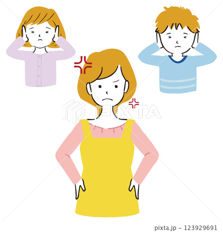 怒っているママと耳をふさぐ子供たち 怒っているママと耳をふさぐ子供たち 123929691