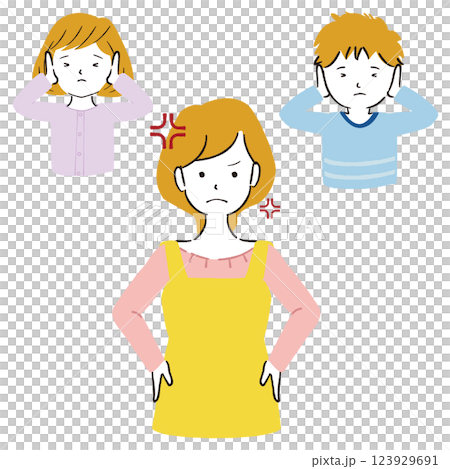 Angry mom and kids covering their ears 123929691