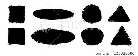 Geometric dry paint stain set. Black grunge chalk collection. Textured brush stroke element pack. Hand drawn charcoal blobs for frame, template, poster, banner, text box, sticker. Vector 123929696