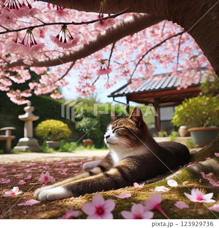 八重桜と戯れる猫 123929736