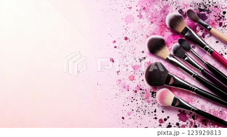 Colorful Makeup Brushes with Splashes of Pink and Black Paint on Background for Beauty and Cosmetics Themes Colorful Makeup Brushes with Splashes of Pink and Black Paint on Background for Beauty and Cosmetics Themes 123929813