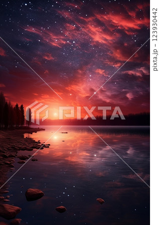 sunset over mountains near sea 123930442