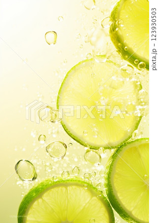 Organic cold refreshing lemonade drink or cocktail made of sparkling water, lime slices and fresh green mint leaves served in tall drinking glass with ice cubes on white wooden table with copy space 123930503