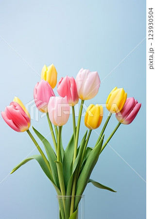 Bouquet of pink delicate tulips on pink background, Top view, space for text 123930504