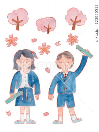 卒園、卒業式の子どもの水彩イラスト 123930513