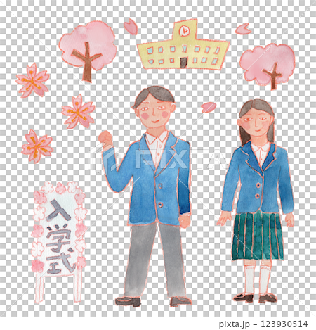 Watercolor illustration of boys and girls in uniforms at the entrance ceremony 123930514