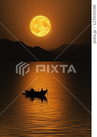 Silhouette of the fisherman or leisure boat sailing toward the moon. Silhouette of the fisherman or leisure boat sailing toward the moon. 123930586