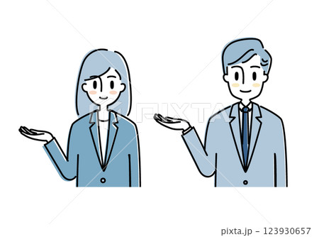 スーツ姿でご案内ポーズをとる男女の上半身イラスト スーツ姿でご案内ポーズをとる男女の上半身イラスト 123930657