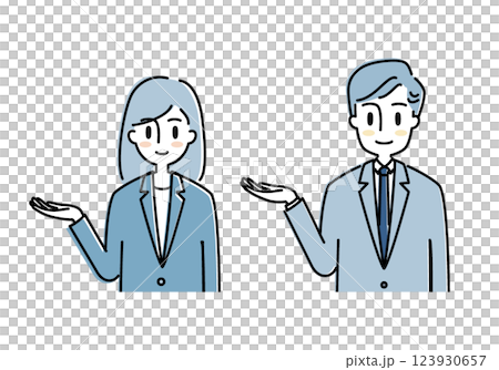 スーツ姿でご案内ポーズをとる男女の上半身イラスト スーツ姿でご案内ポーズをとる男女の上半身イラスト 123930657