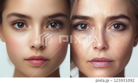 加齢による肌の変化比較 - 若年期と熟年期の女性 加齢による肌の変化比較 - 若年期と熟年期の女性 123931092