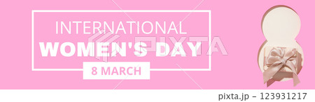 8 March, international women's day, gift box and cut out figure eight on a pink background, with text, top view 8 March, international women's day, gift box and cut out figure eight on a pink background, with text, top view 123931217