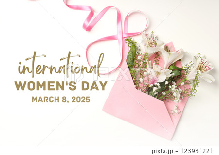 8 March, international women's day, flowers in an envelope on a white background, with text, top view 123931221