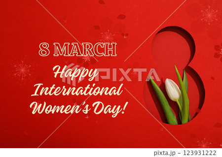 8 March, international women's day, cut out figure eight with white tulip on a red background, with text 8 March, international women's day, cut out figure eight with white tulip on a red background, with text 123931222