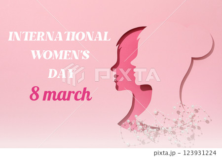 8 March, international women's day, paper cut out woman's face in profile and white beads on a pink background, with text 123931224