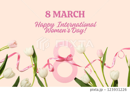 8 March, international women's day, figure eight, pink ribbon and tulips on a light background, with text 8 March, international women's day, figure eight, pink ribbon and tulips on a light background, with text 123931226