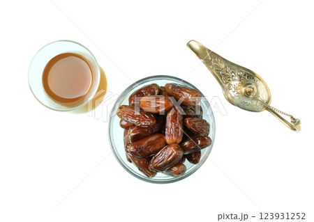 PNG, Ramadan. Plate with dates, lamp and tea, isolated on white background. PNG, Ramadan. Plate with dates, lamp and tea, isolated on white background. 123931252