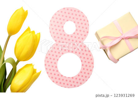 PNG, March 8. Tulips, gift box and 8, top view, isolated on a white background. 123931269