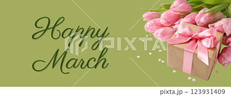 Hello spring, gift box and pink tulips on green background with text Hello spring, gift box and pink tulips on green background with text 123931409