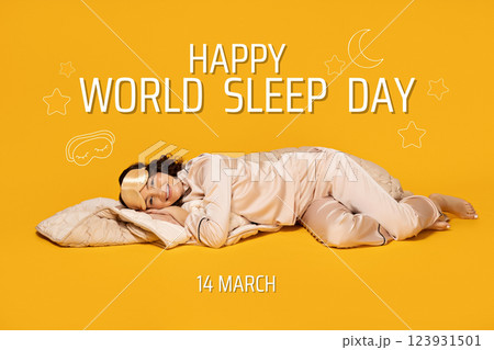 World Sleep Day, happy woman in pajamas lies on a blanket on an yellow background, with text 123931501