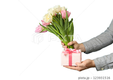 PNG, March 8. Gift box with flowers in hands, isolated on white background. 123931516