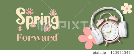Spring Forward. Design, clock with headphones and flowers, on a green background with text 123931542
