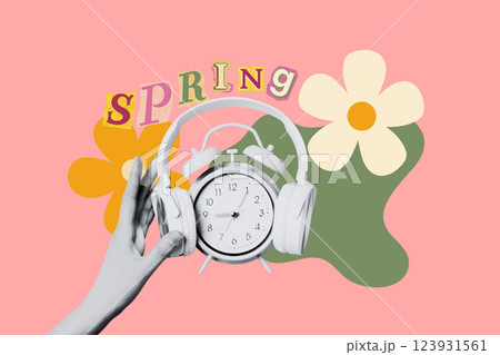 Spring Forward. Design, alarm clock with headphones and hand, on a pink background. Spring Forward. Design, alarm clock with headphones and hand, on a pink background. 123931561