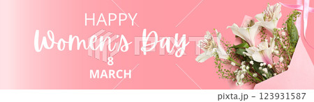 8 March, international women's day, flowers in a pink envelope on a pink background, with text, top view 123931587
