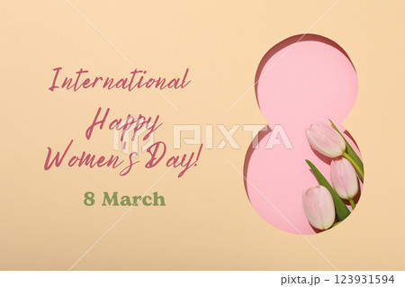 8 March, international women's day, cut out figure eight with tulips on a beige background, with text 123931594