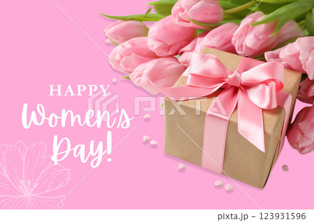 8 March, international women's day, pink tulips and gift box on a pink background, with text 123931596