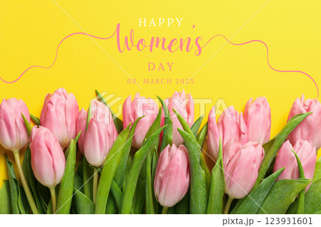 8 March, international women's day, pink tulips on a yellow background, with text 8 March, international women's day, pink tulips on a yellow background, with text 123931601